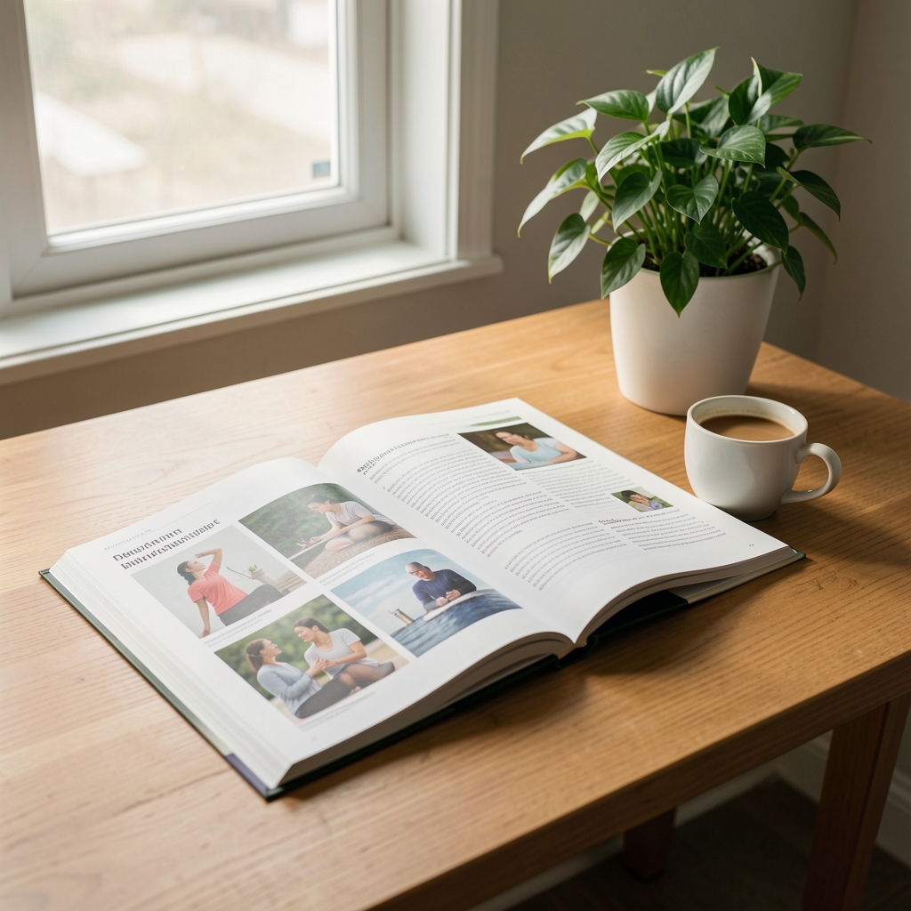 Editorial desk with open wellness journals, Indonesian coffee and a green plant in morning light
