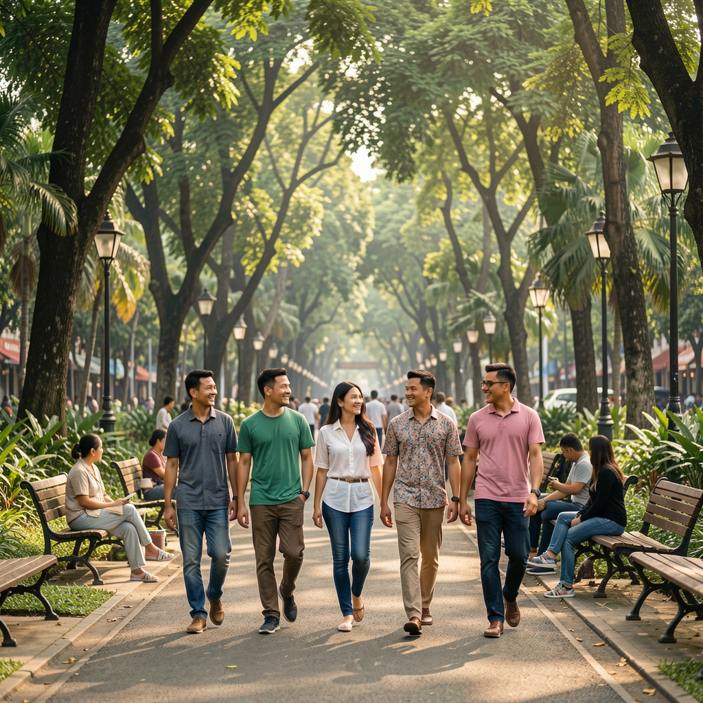 Adults gathering for a relaxed morning walk in a leafy Jakarta public park