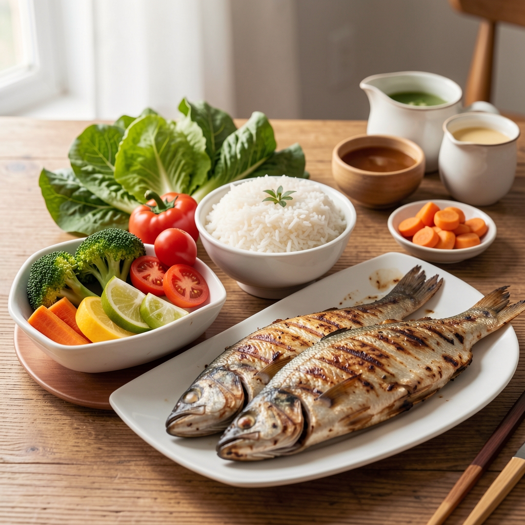 Colourful Indonesian vegetables, rice and grilled fish arranged as a balanced home meal