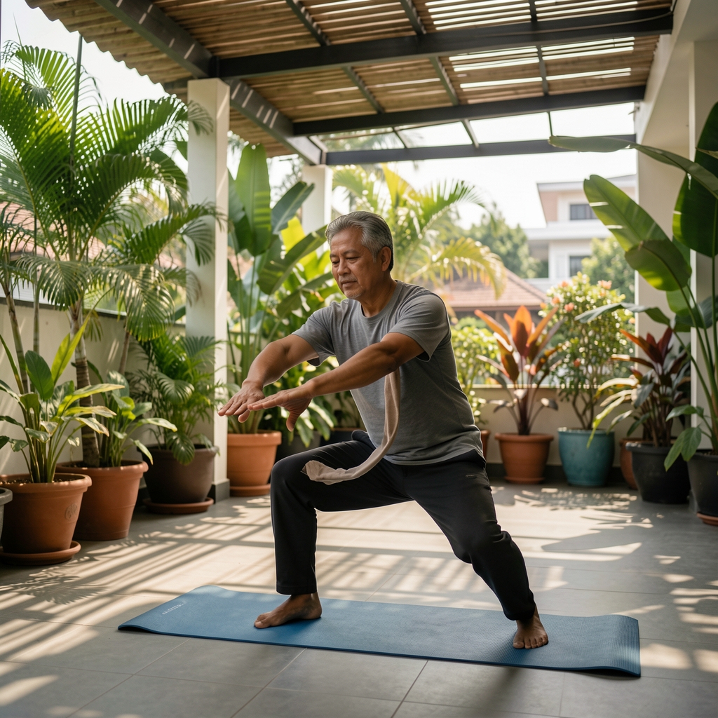 Middle-aged man doing a gentle mobility exercise on a shaded Jakarta terrace