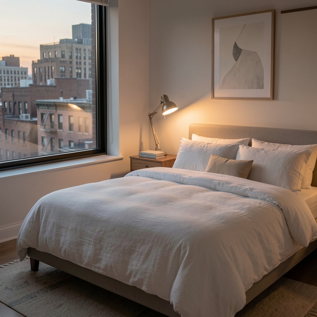 Quiet bedroom with linen bedding, a reading lamp and soft evening light in an urban home