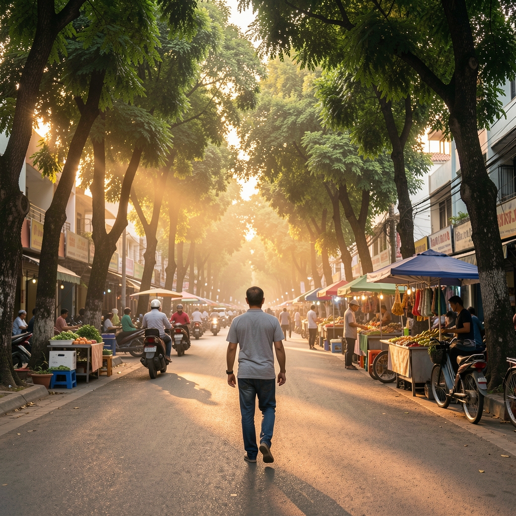 Tree-lined South Jakarta street at sunrise with a man walking toward a local market