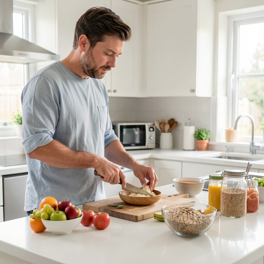 Man preparing a simple breakfast at a bright kitchen counter with fruit and whole grains