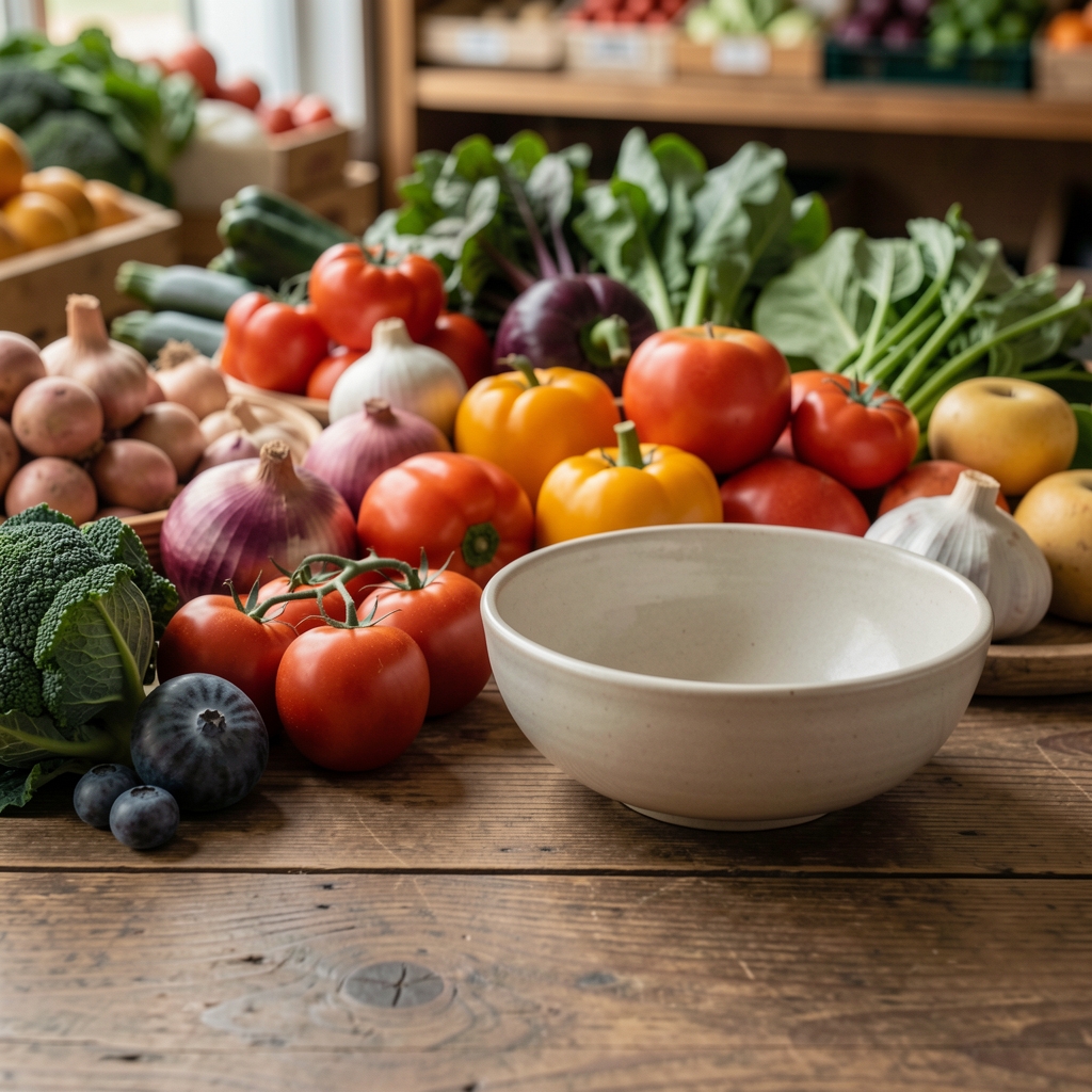 Fresh Indonesian market produce arranged beside a simple ceramic bowl on a wooden table