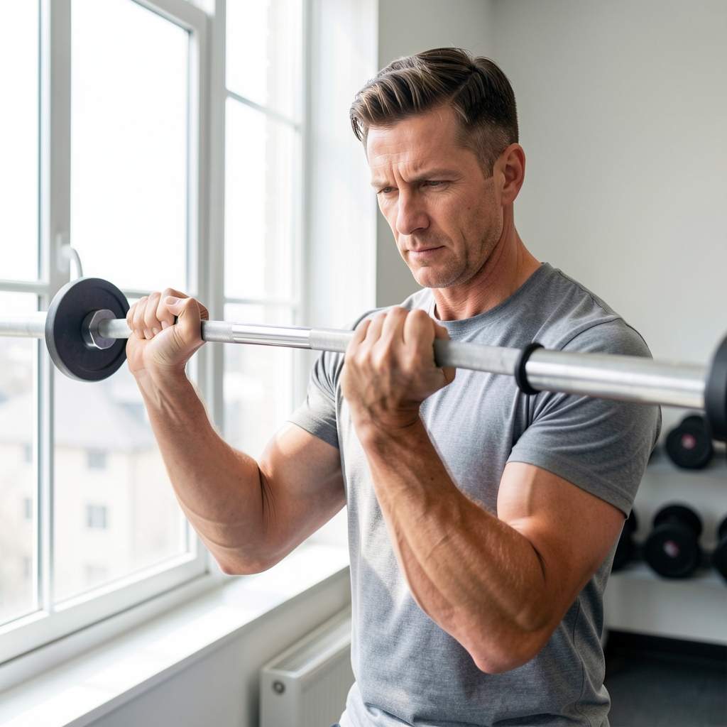 Man in his forties performing a controlled resistance exercise beside a bright window