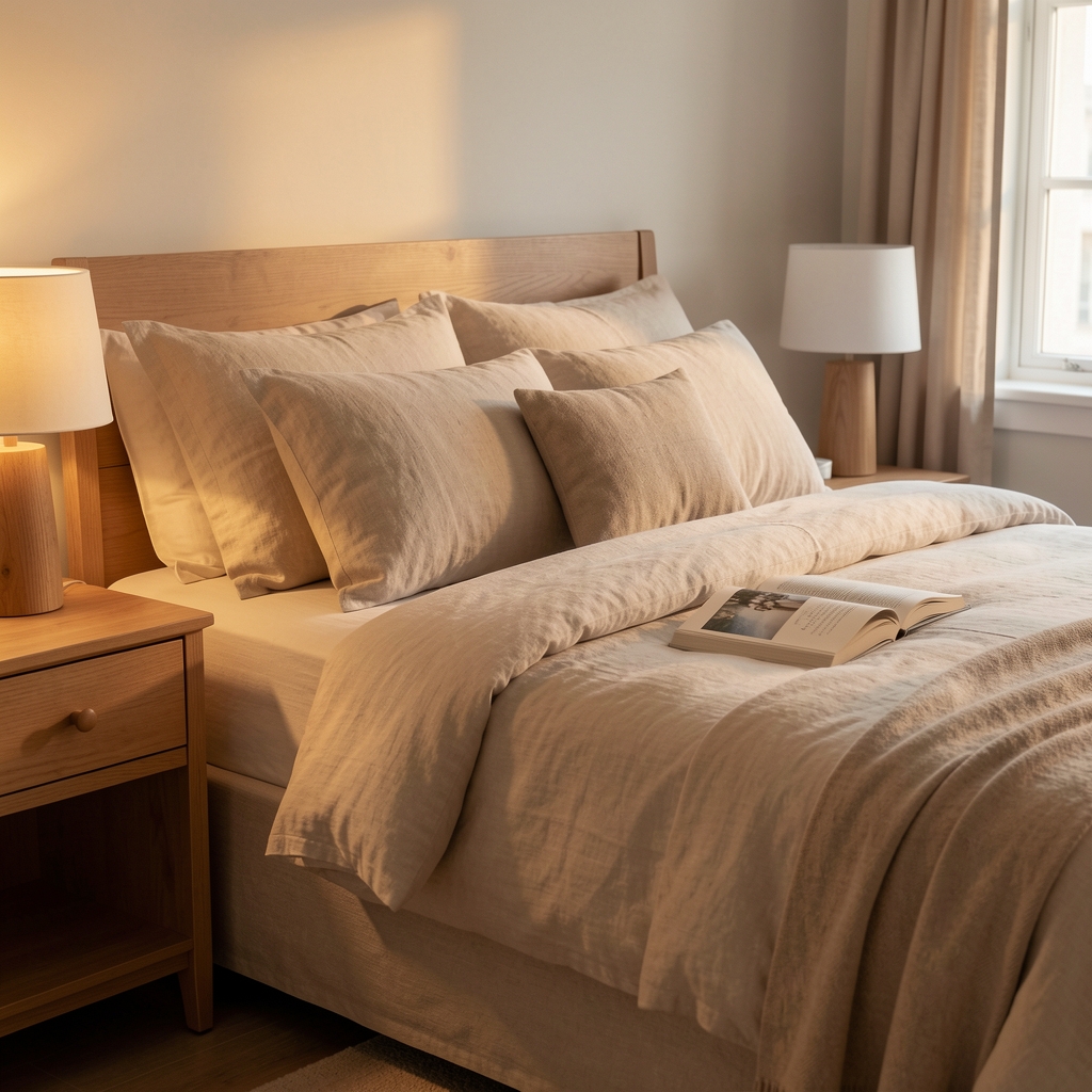 Calm bedroom with natural linen, a bedside book and warm evening light