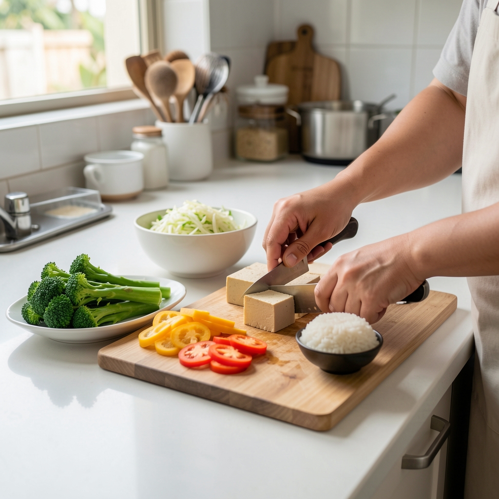 Hands preparing vegetables, tofu and rice on a clean kitchen counter in Jakarta