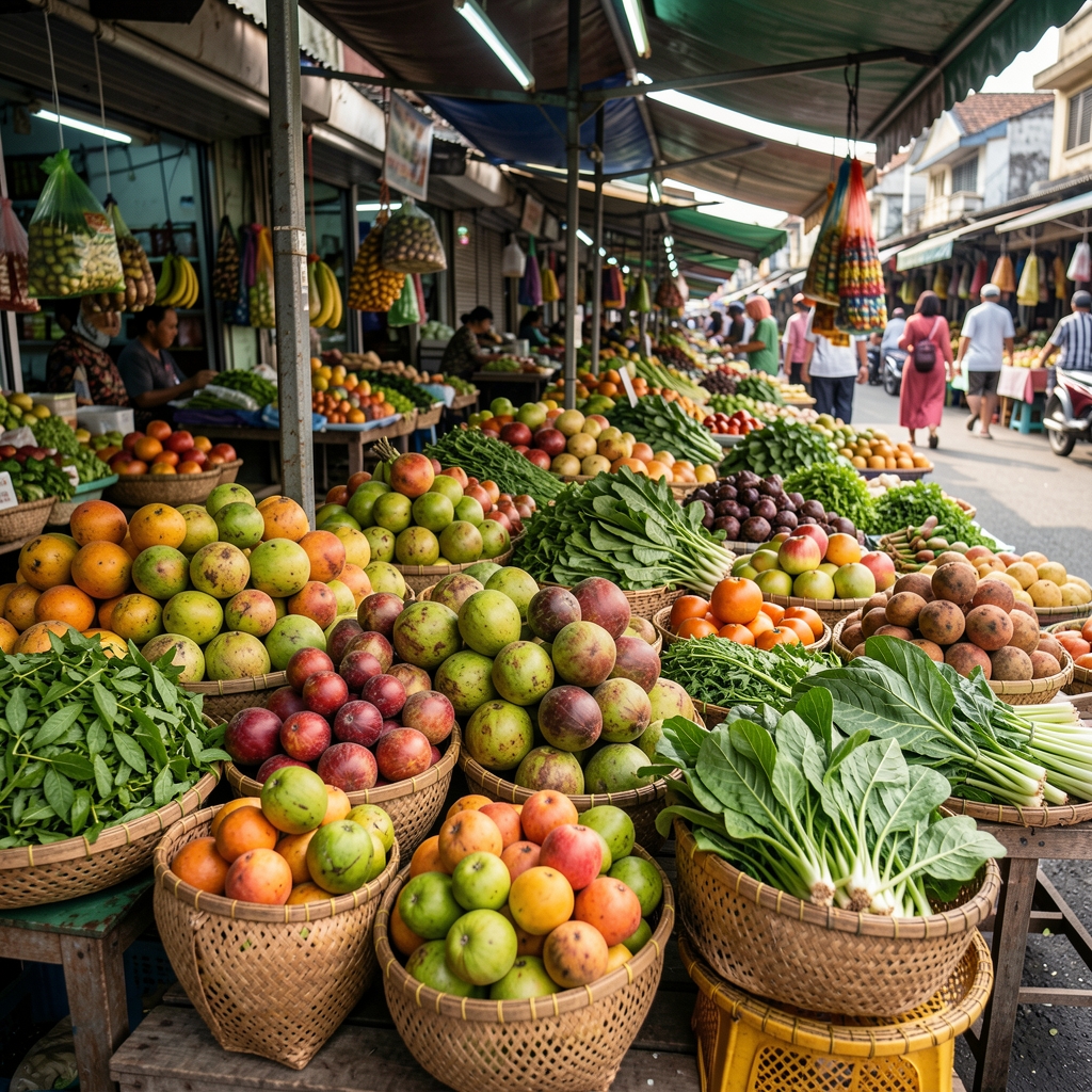Jakarta market stall with colourful tropical fruit, leafy greens and woven baskets