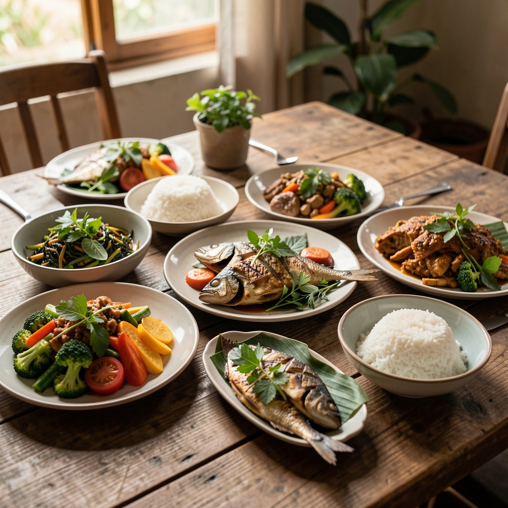Indonesian family-style meal with vegetables, grilled fish, rice and fresh herbs on a wooden table