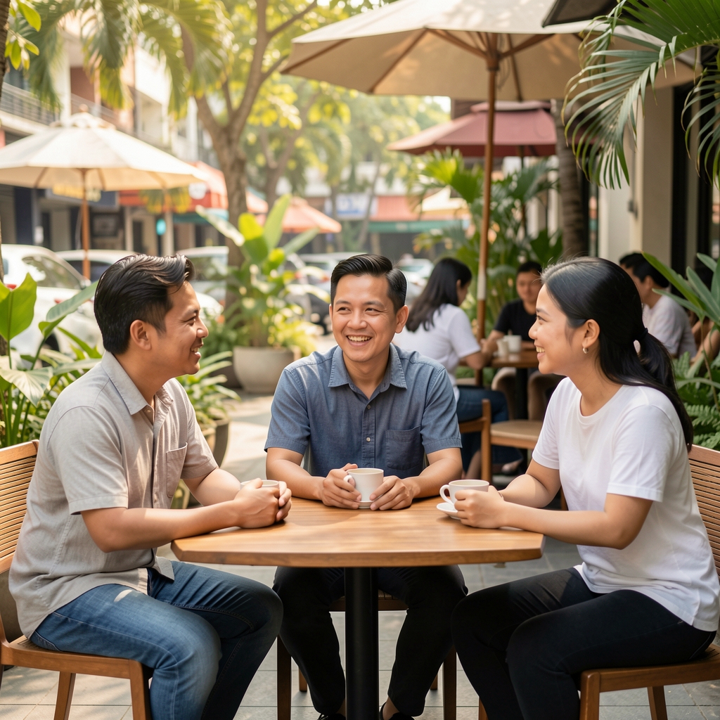 Three adult friends sharing a relaxed conversation at an outdoor Jakarta café