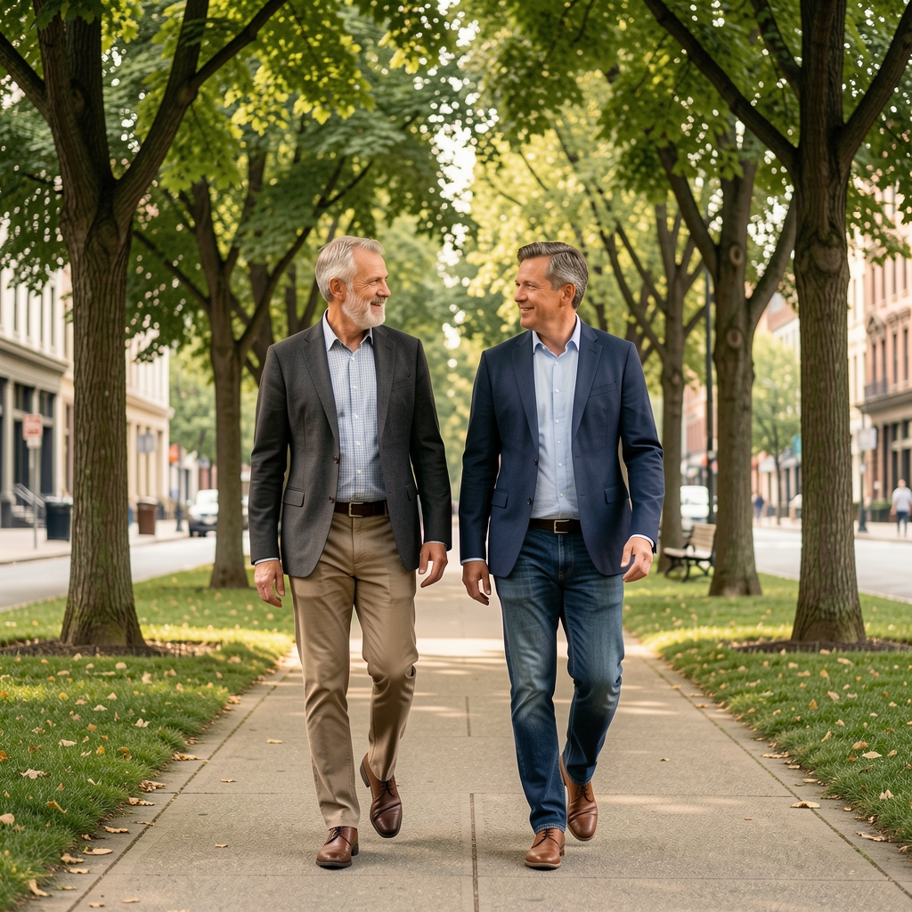Two mature men walking side by side beneath trees while talking in a calm city park