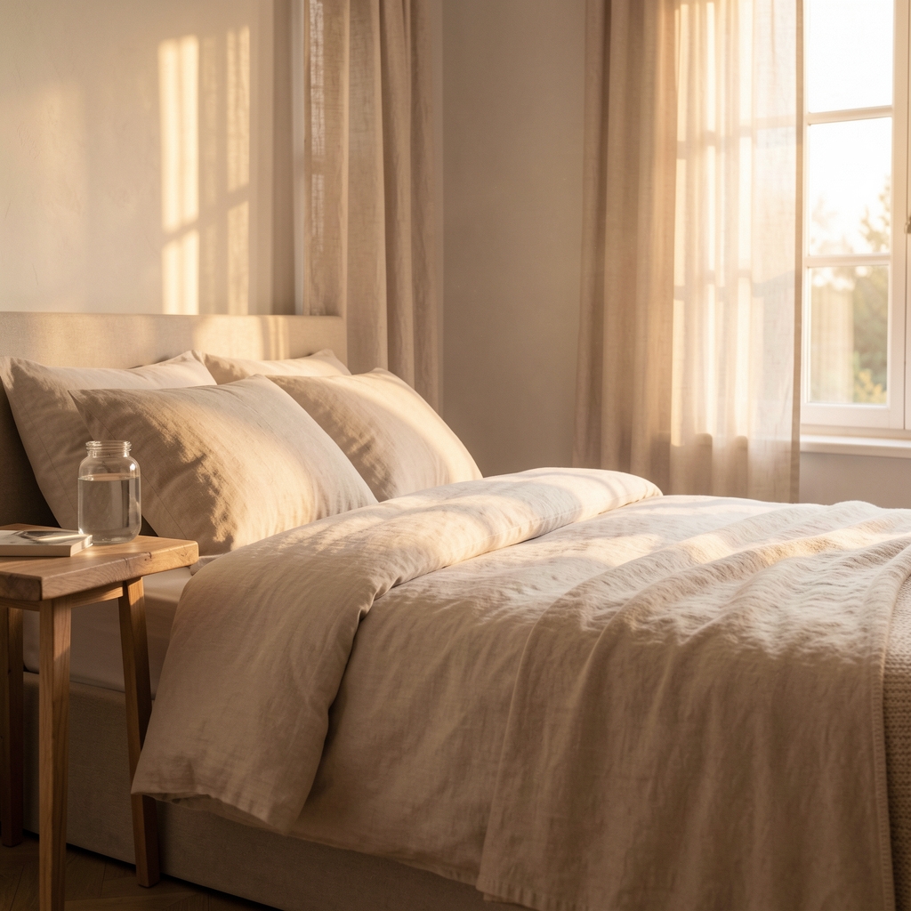 Serene bedroom with natural linen, bedside water and warm dawn light through sheer curtains