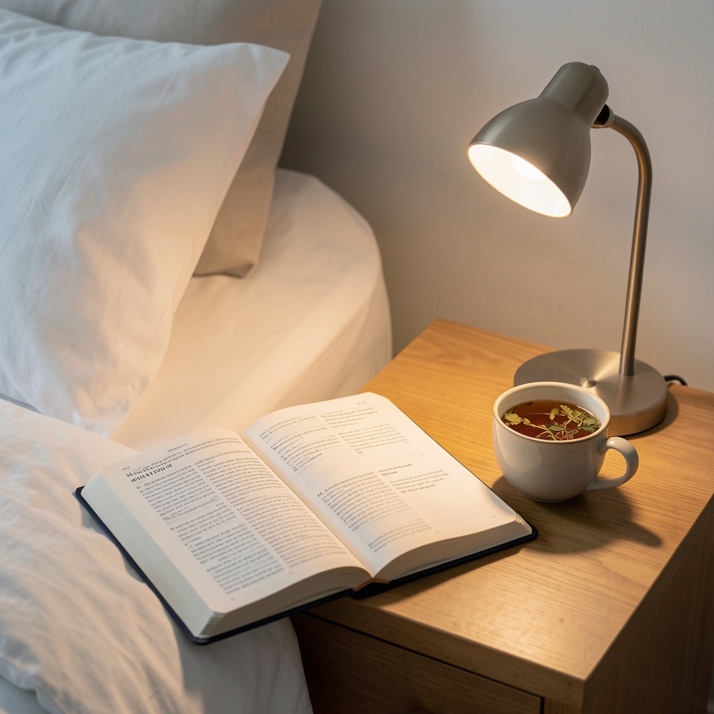 Open sleep journal beside a cup of herbal tea and a small reading lamp on a bedside table