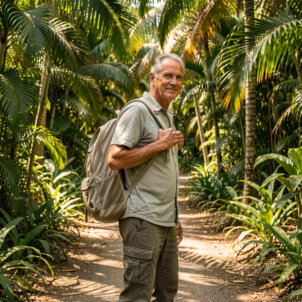 Mature man carrying a light backpack on a shaded outdoor path surrounded by tropical greenery