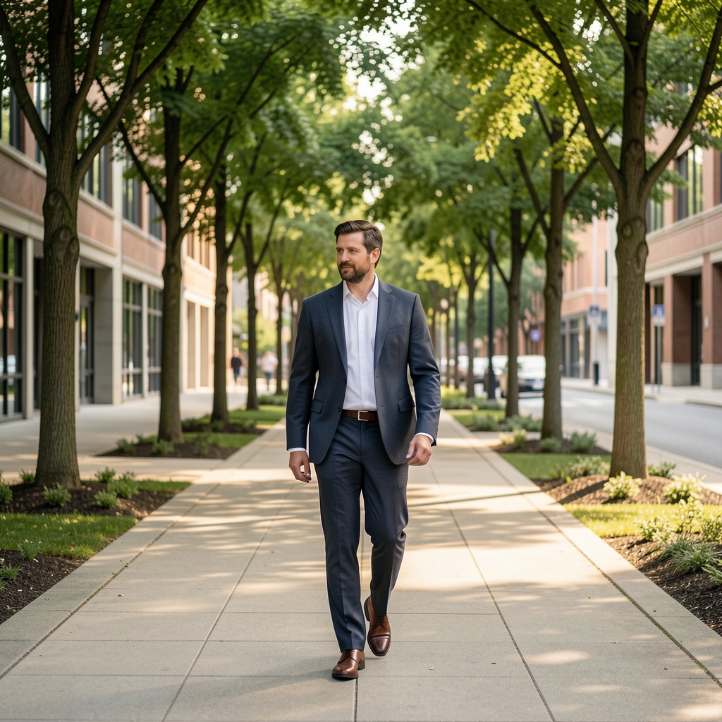 Professional man taking a quiet walking break along a tree-lined office district path